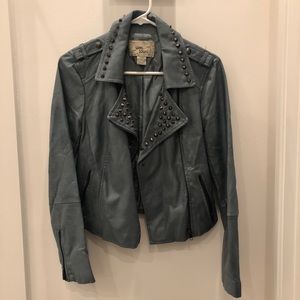 Pale Blue Sans Souci Faux Leather Studded Jacket